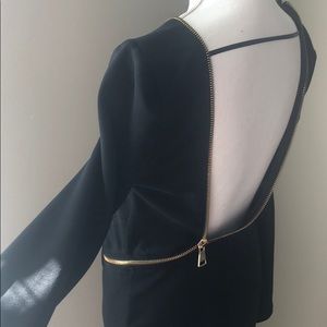 Black long sleeve midi dress w/gold zipper detail